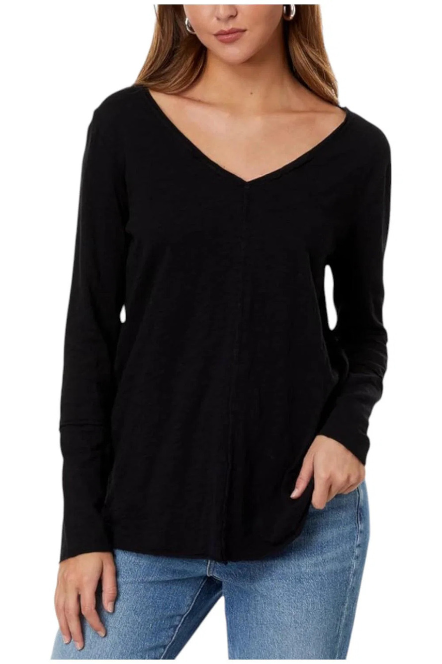 Mod-o-doc Women's Slub Jersey Long Sleeve Wide V-Neck Tunic Black - Regular